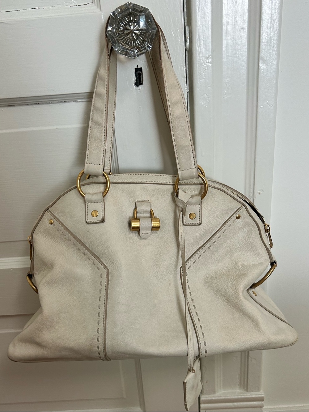 YSL Muse Satchel Cream Leather Tote Handbag with Gold Hardware